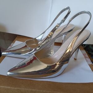 Silver metallic slingback heels